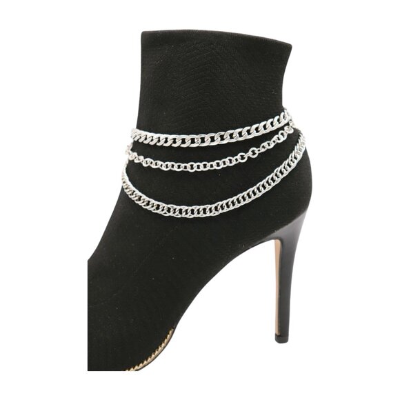 NEW Women Silver Boot Chain Bracelet Shoe 3 Strands Wave Charm Shoe Anklet SET - Picture 6 of 17